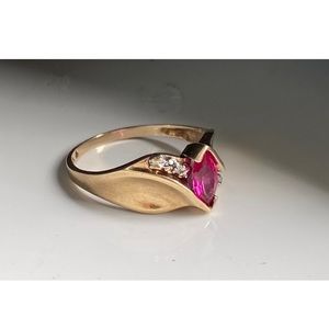 SOLD -10K Ruby Marquise Cut Yellow Gold Ring w/ Diamond Accents - Vintage Beauty